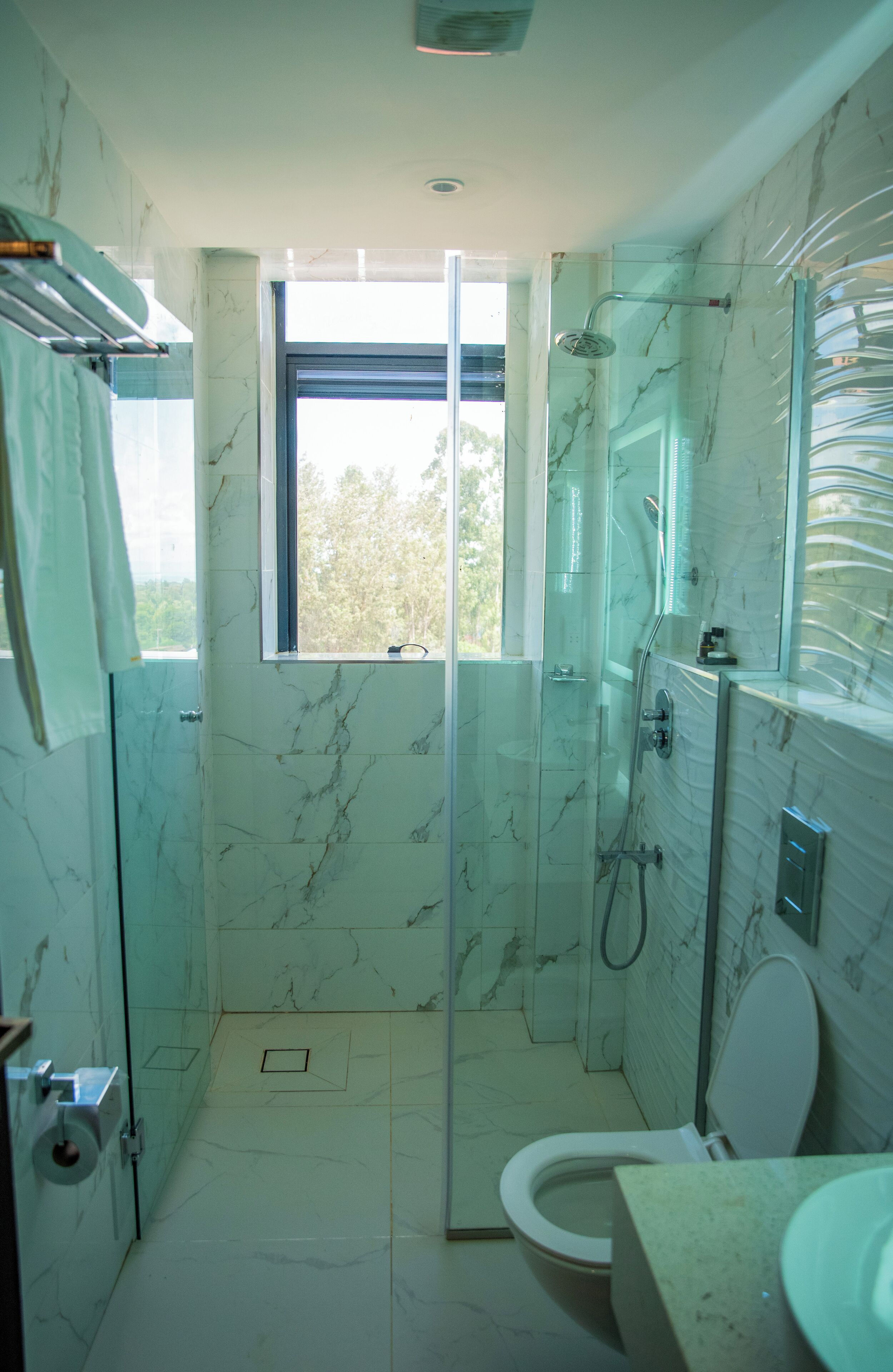 Un bagno con doccia vetrata, un water e un lavandino.