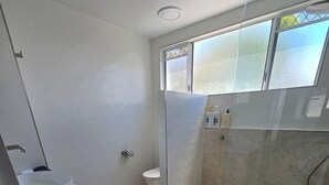 A modern bathroom with a glass shower enclosure, a white sink, and a toilet.