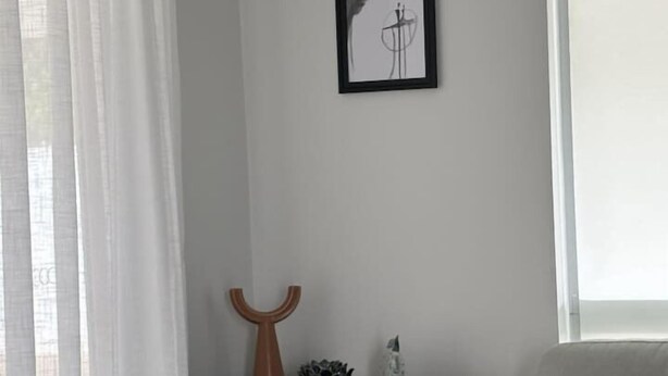 A living room with a grey sofa, a brown cushion, a black cabinet, and a framed picture on the wall. - Walk to the beach - 3 Bed-2 carparks in North Ward (North Ward)