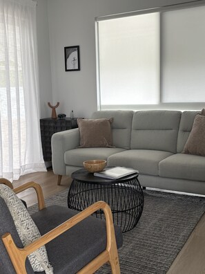 Un salon moderne avec un canapé gris, une table basse ronde noire et un tapis gris.