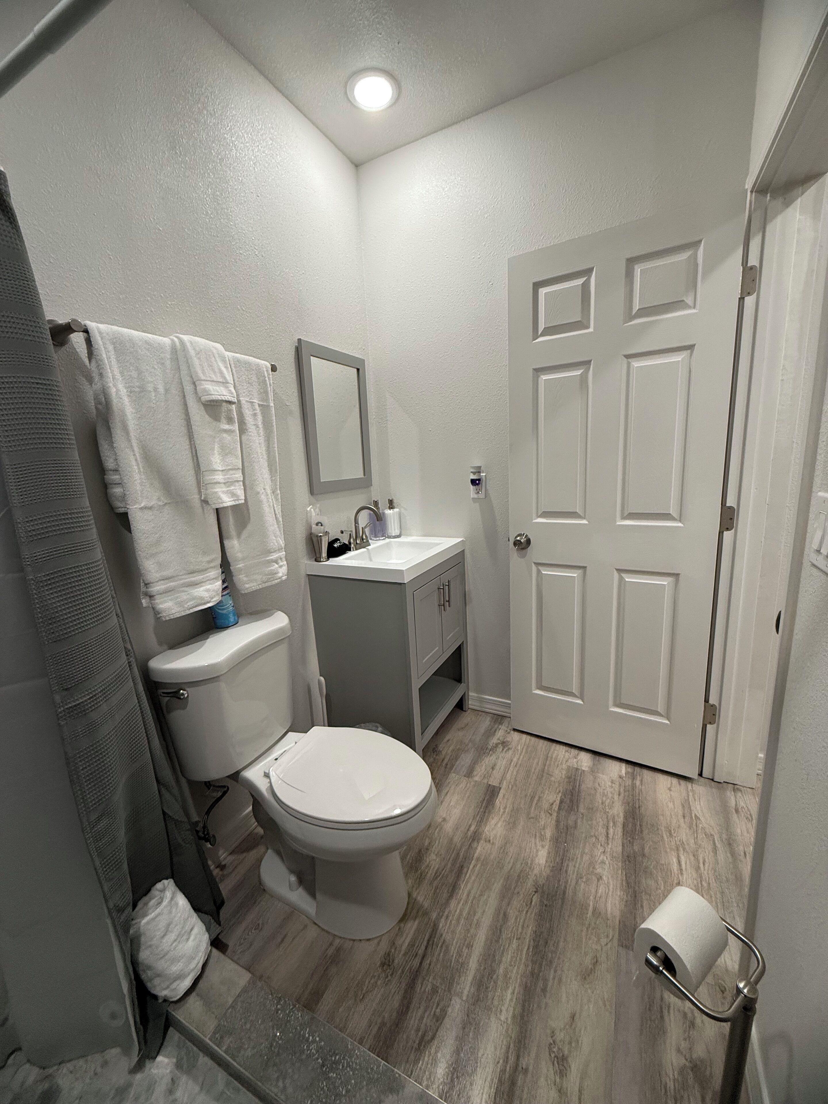 Hair dryer, towels, soap, toilet paper