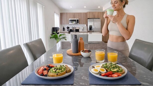 A modern kitchen with a dining table set for breakfast. - Serenity Retreat Wellness Club Yoga Cold Plunge (Florida City)