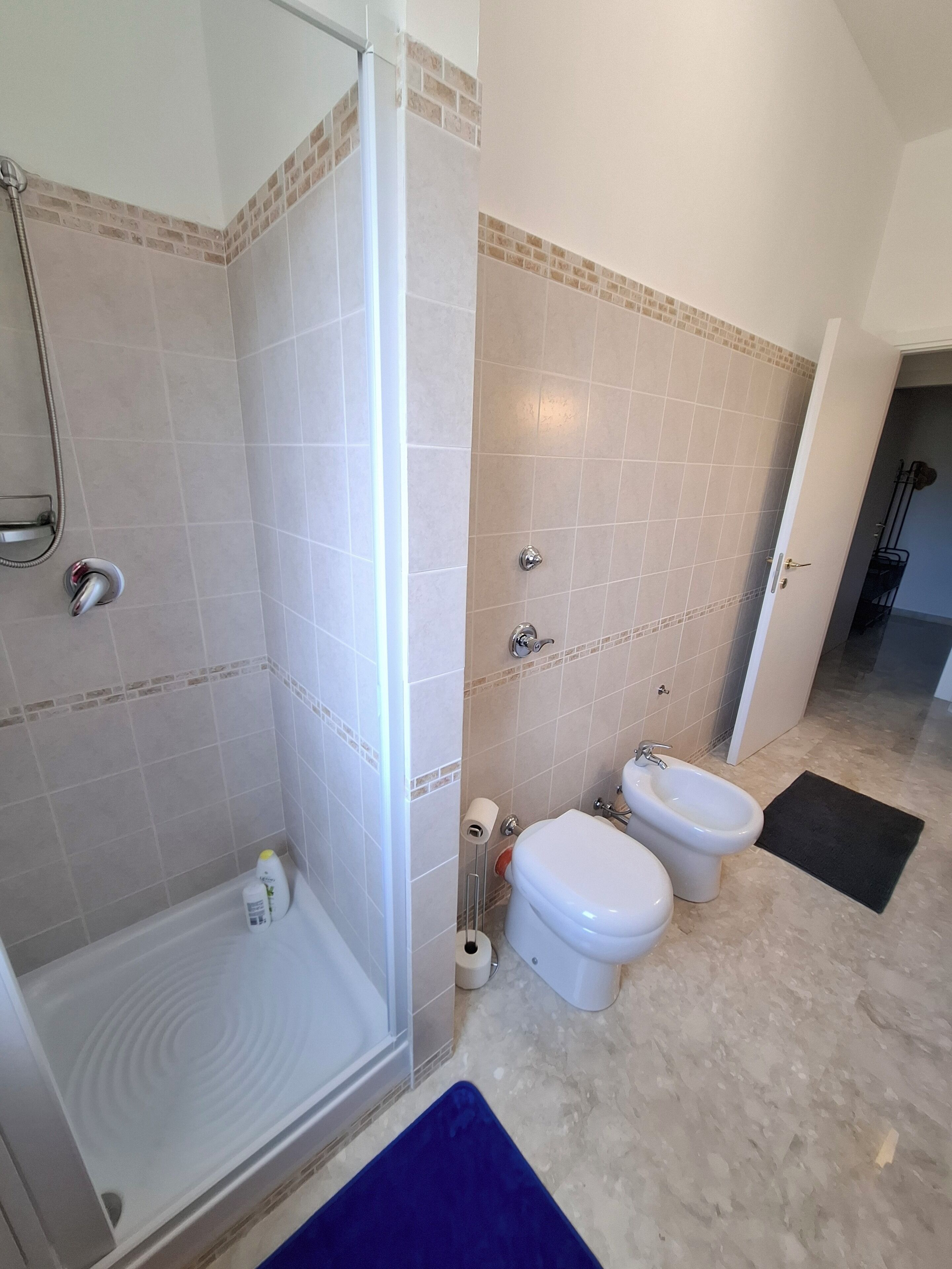 A bathroom with a glass shower enclosure, two toilets, a bidet, and a blue mat on the floor.