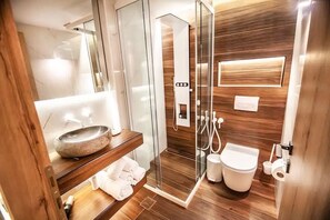 Shower, hair dryer, bidet, towels