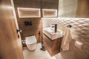 Shower, hair dryer, bidet, towels
