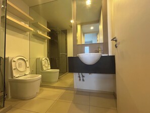 Shower, hair dryer, bidet, towels