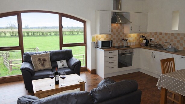 Un salon chaleureux avec un canapé en cuir, une table basse sur laquelle sont posés des verres à vin, et une vue sur un champ verdoyant par de grandes fenêtres.