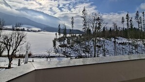 Schneebedeckte Landschaft mit einem Berg im Hintergrund und wolkenlosem Himmel.