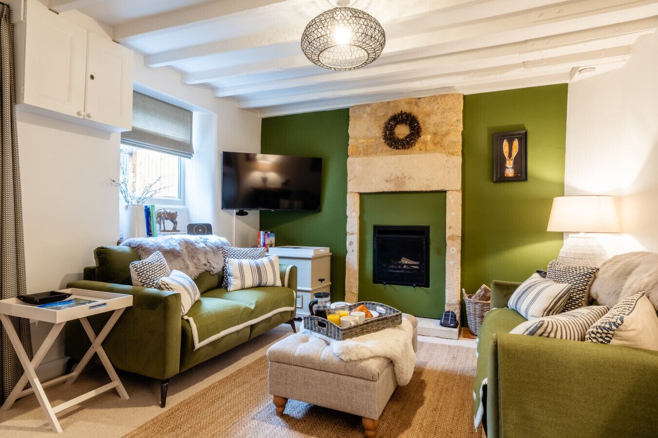 TV, fireplace, books