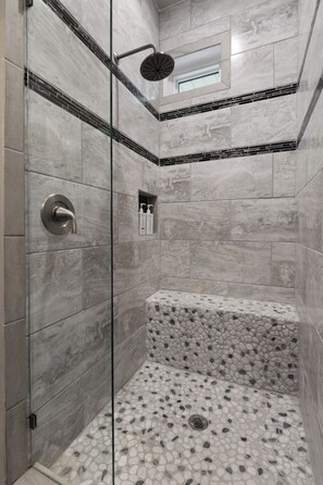 Shower, hair dryer, towels, soap