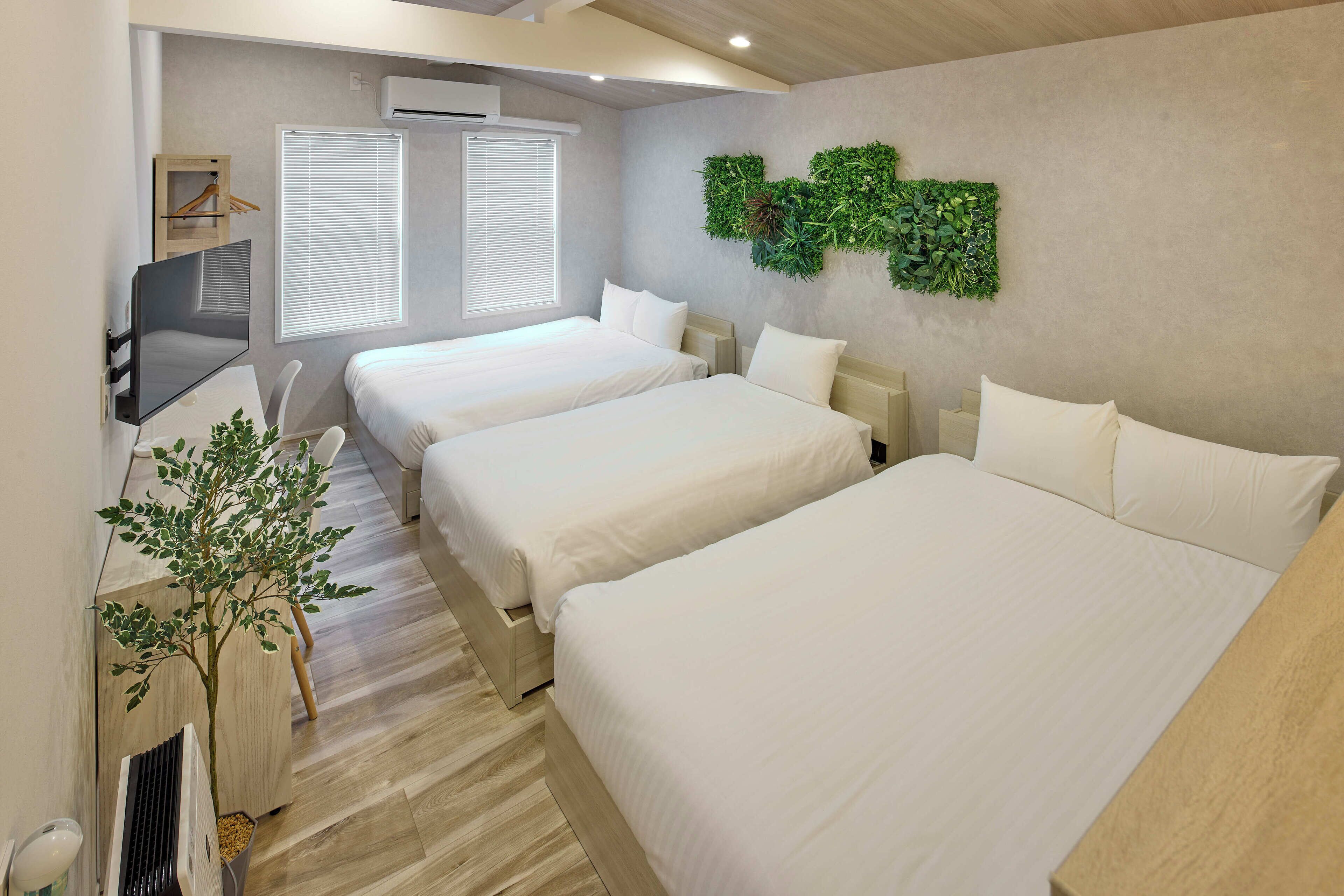A hotel room with two beds, a TV, a plant, and a wall-mounted green wall decoration.