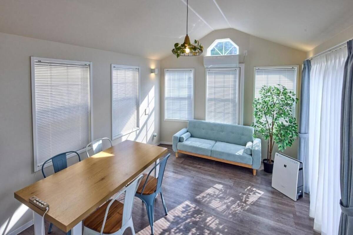 A dining area with a wooden table and chairs, a light blue sofa, and a potted plant.