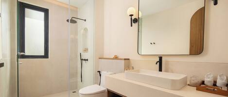 A modern bathroom with a glass shower enclosure, a white toilet, a freestanding sink, and a large mirror.
