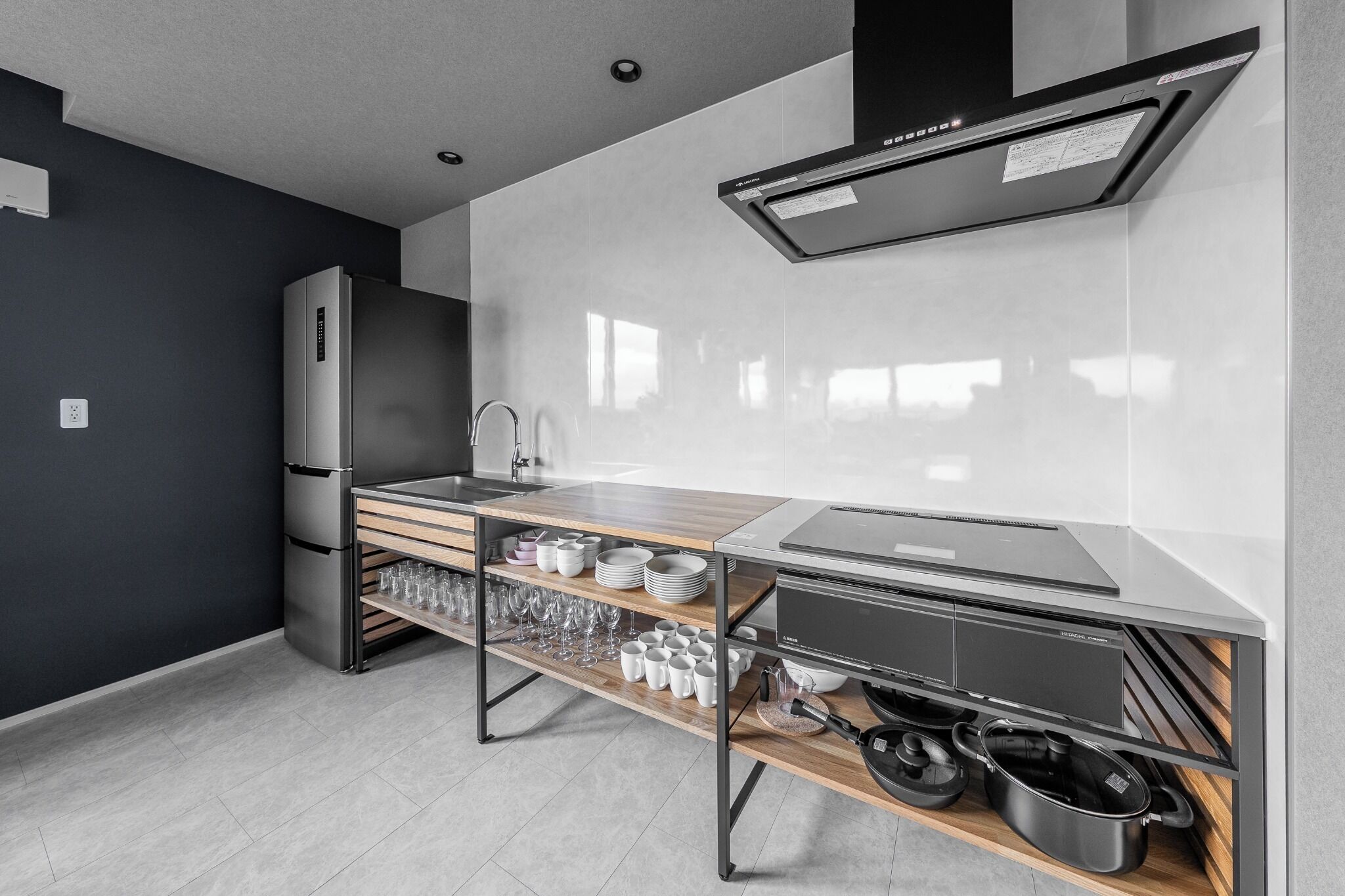 Fridge, microwave, stovetop, cookware/dishes/utensils