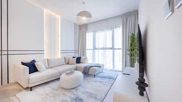 Leilighet, balkong, byutsikt | Oppholdsområde