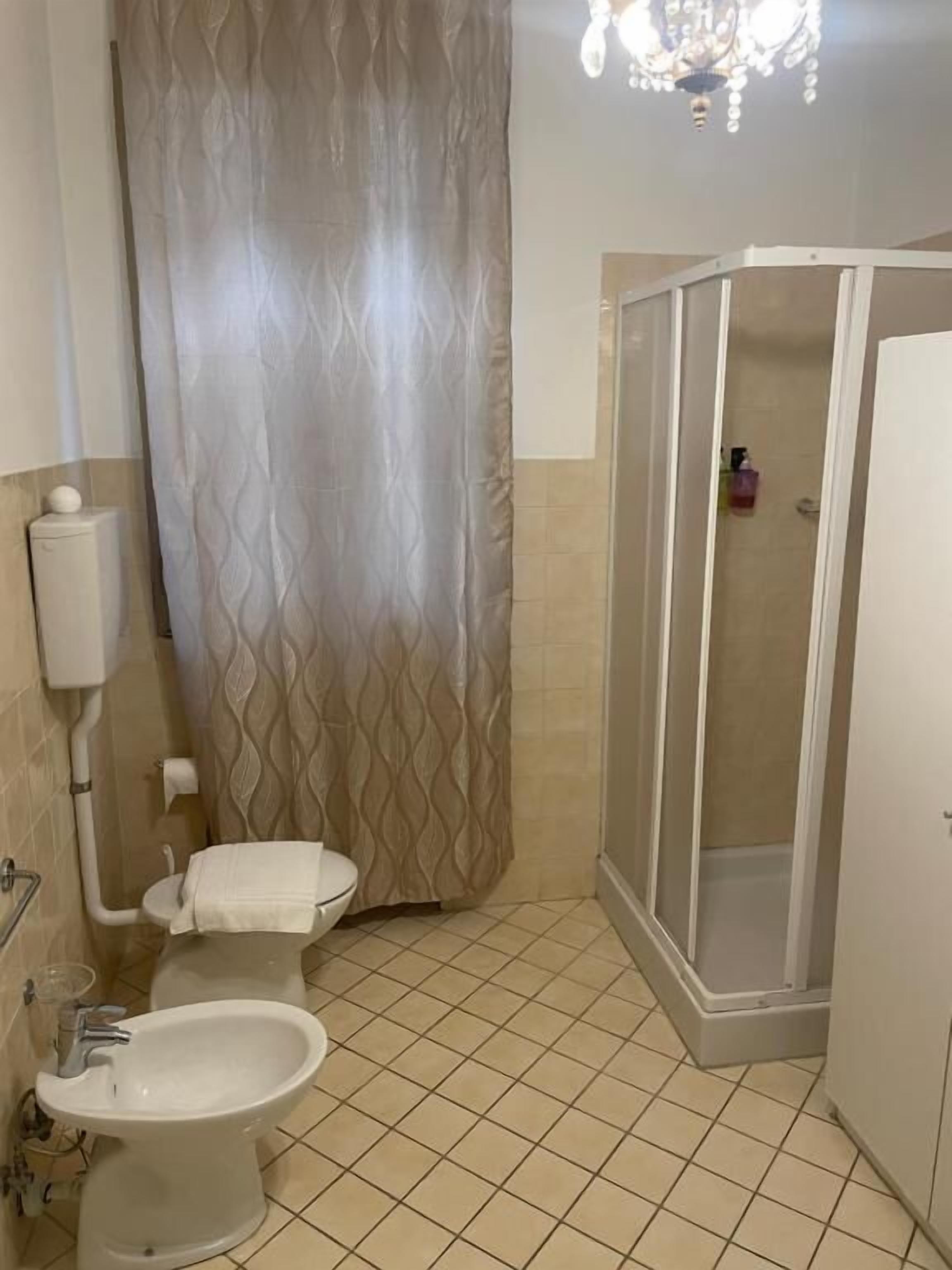 A bathroom with a toilet, bidet, and shower.