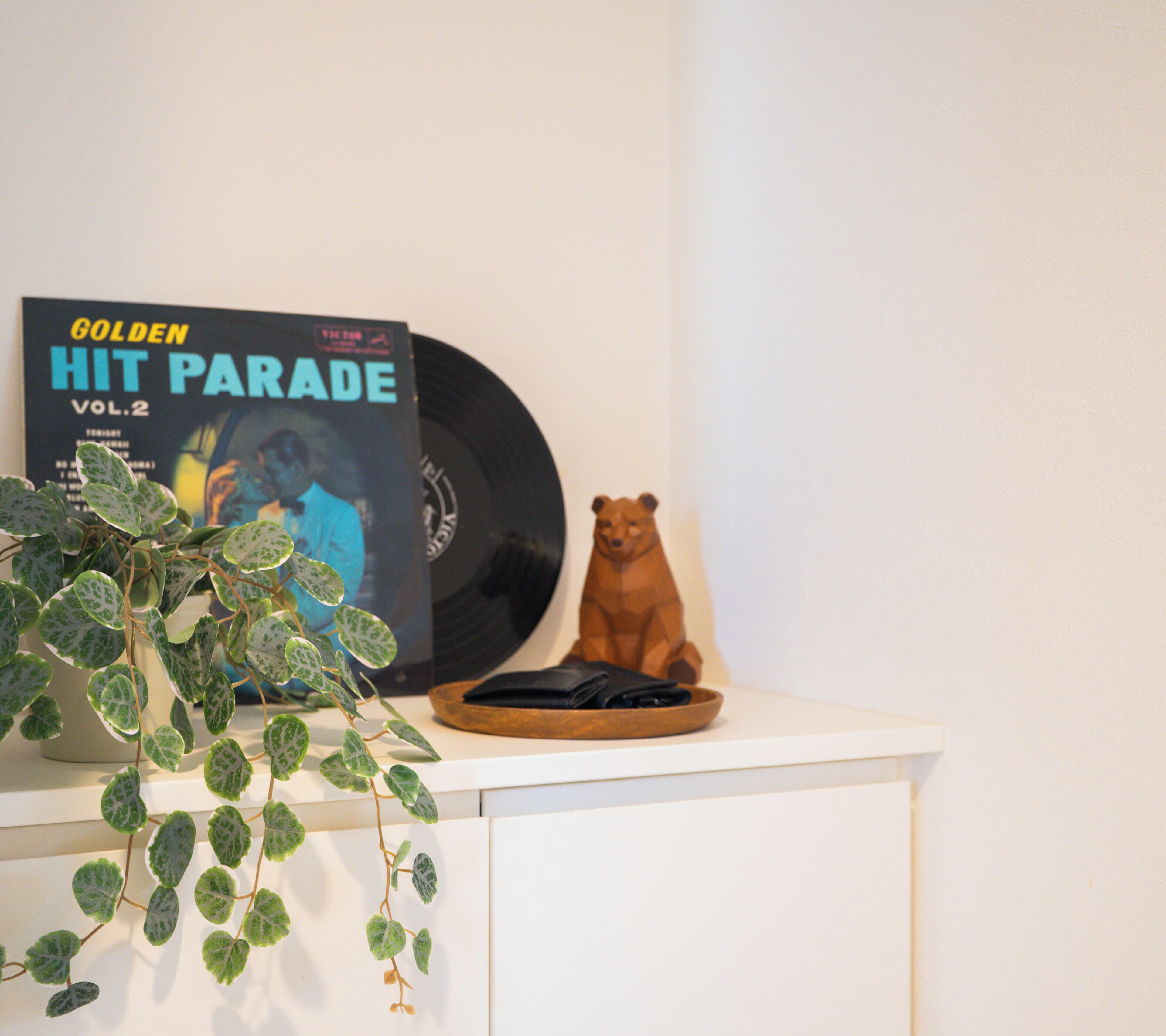A vinyl record titled "GOLDEN HIT PARADE VOL.2" on a white cabinet, a small bear figurine, and a plant with variegated leaves.