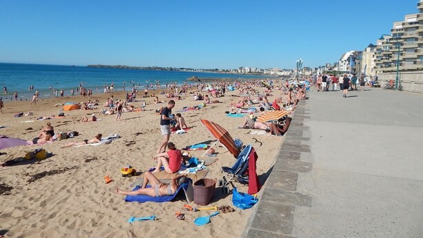 Een druk strand met mensen die zonnebaden en langs de kust wandelen.