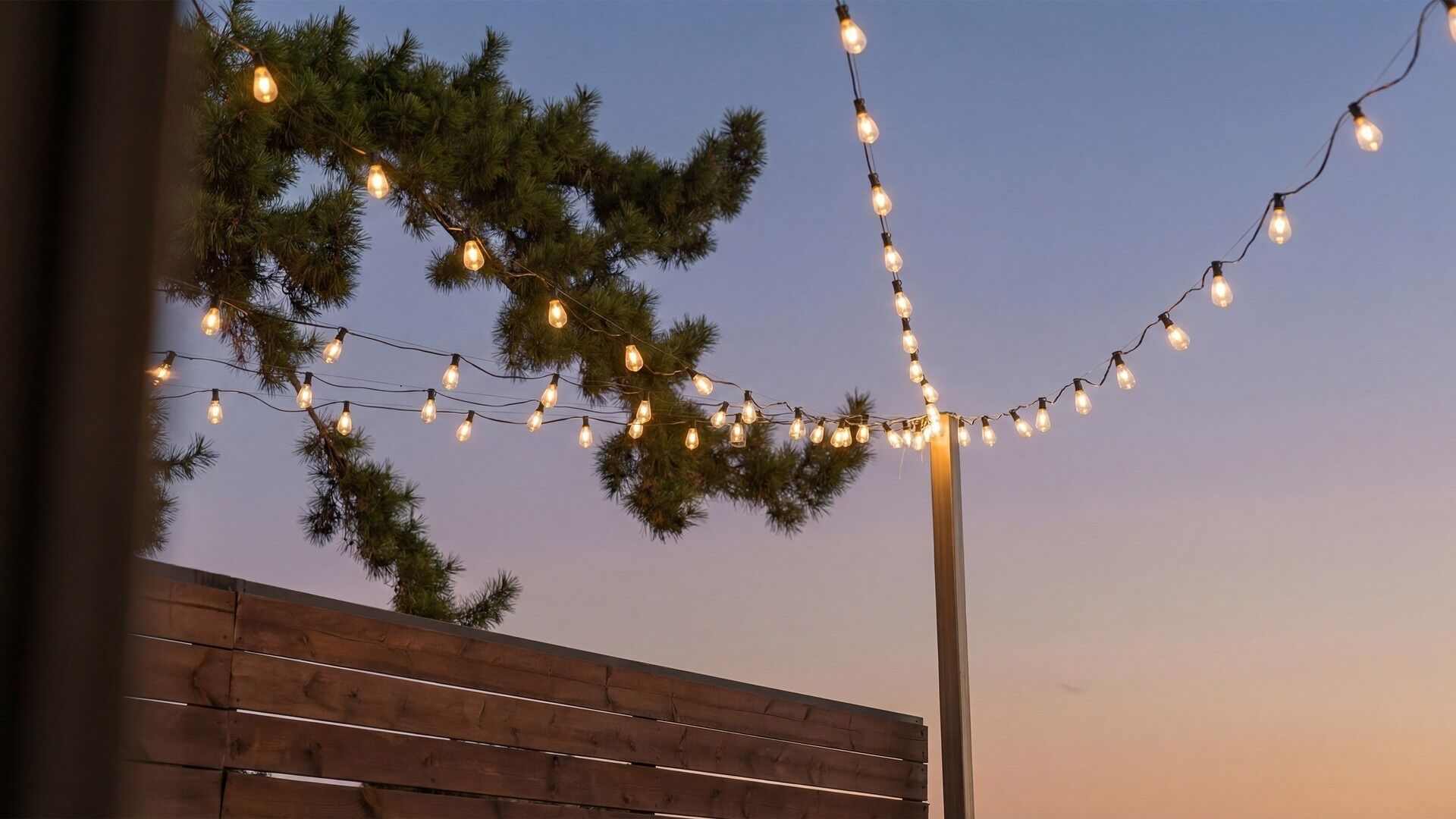 A string of lights draped over a wooden fence.