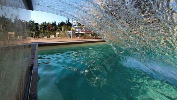 A view through a glass window of a swimming pool area with a clear sky and a building in the background. - Holiday apartment with shared-use pool (Sv. Filip i Jakov)