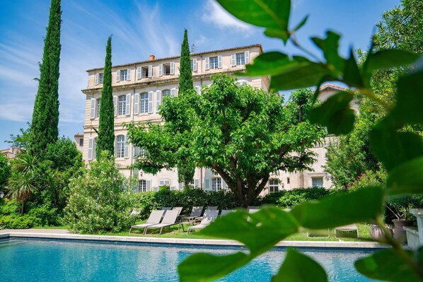 Vista de la piscina y un edificio, con un gran árbol en primer plano, cielo azul despejado y tumbonas junto a la piscina.
