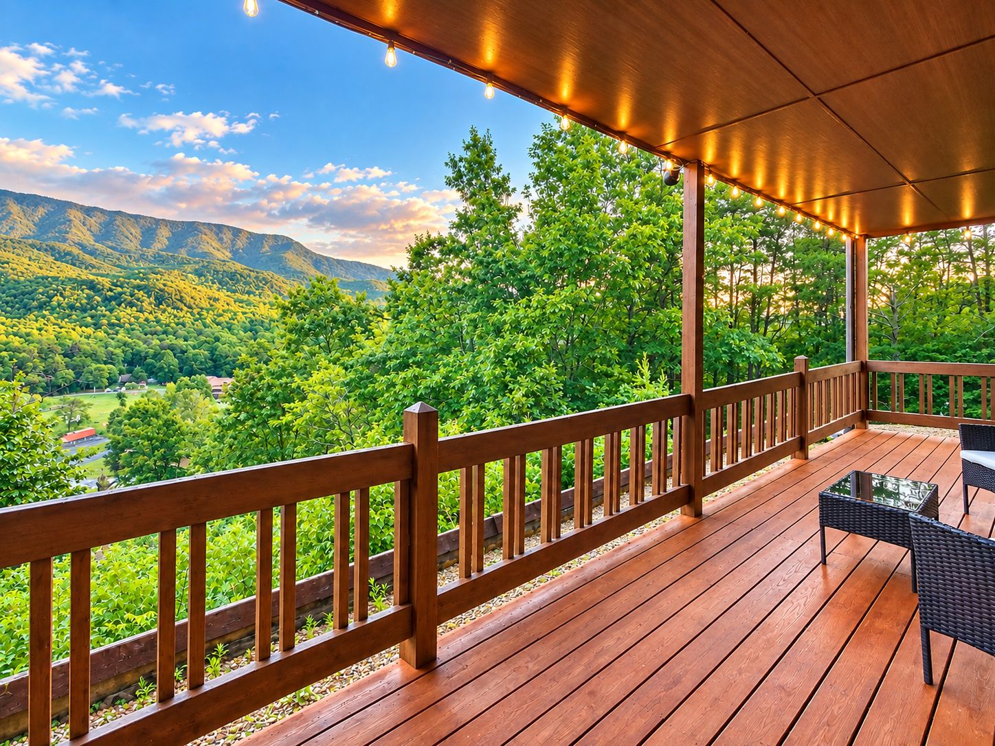 A wooden deck with a view of a mountainous landscape.