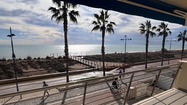 Vista desde un balcón sobre una playa con palmeras, un muelle y un cielo despejado.