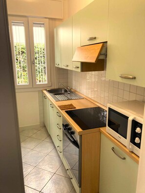 Une cuisine de taille réduite, équipée d’un évier, d’une cuisinière, d’un four à micro-ondes et de meubles de couleur vert clair.