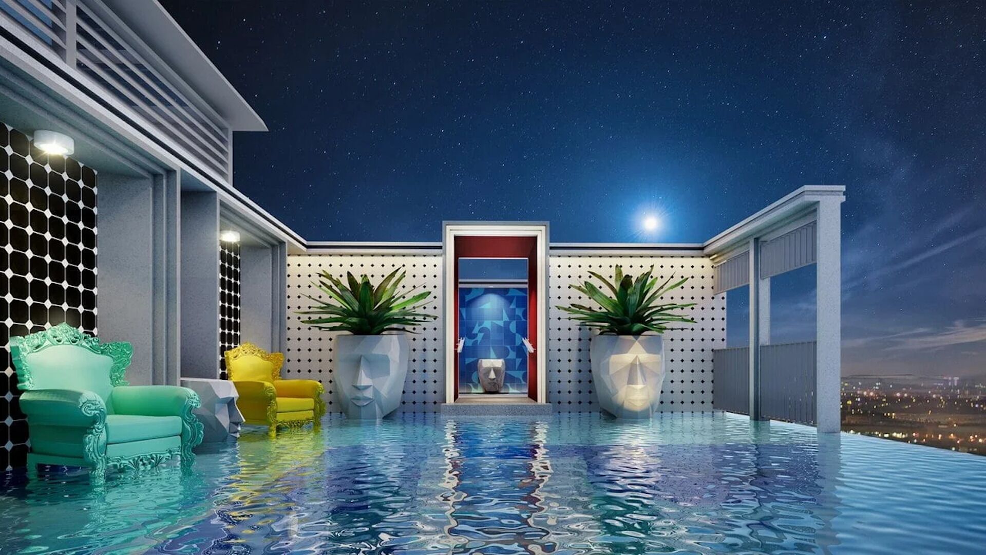 A rooftop infinity pool with a city view at night, a modern entrance, and potted plants.