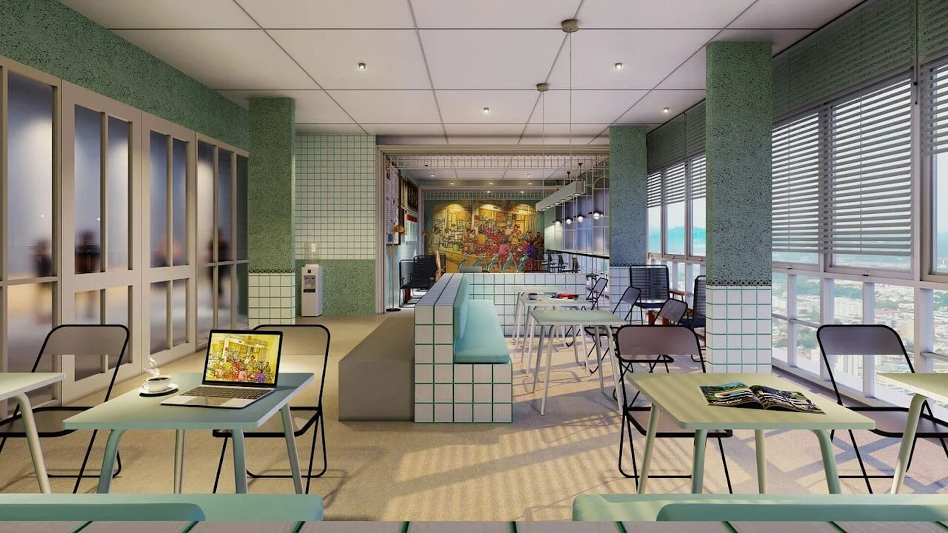 A modern cafe with a central bar, seating area, and large windows.