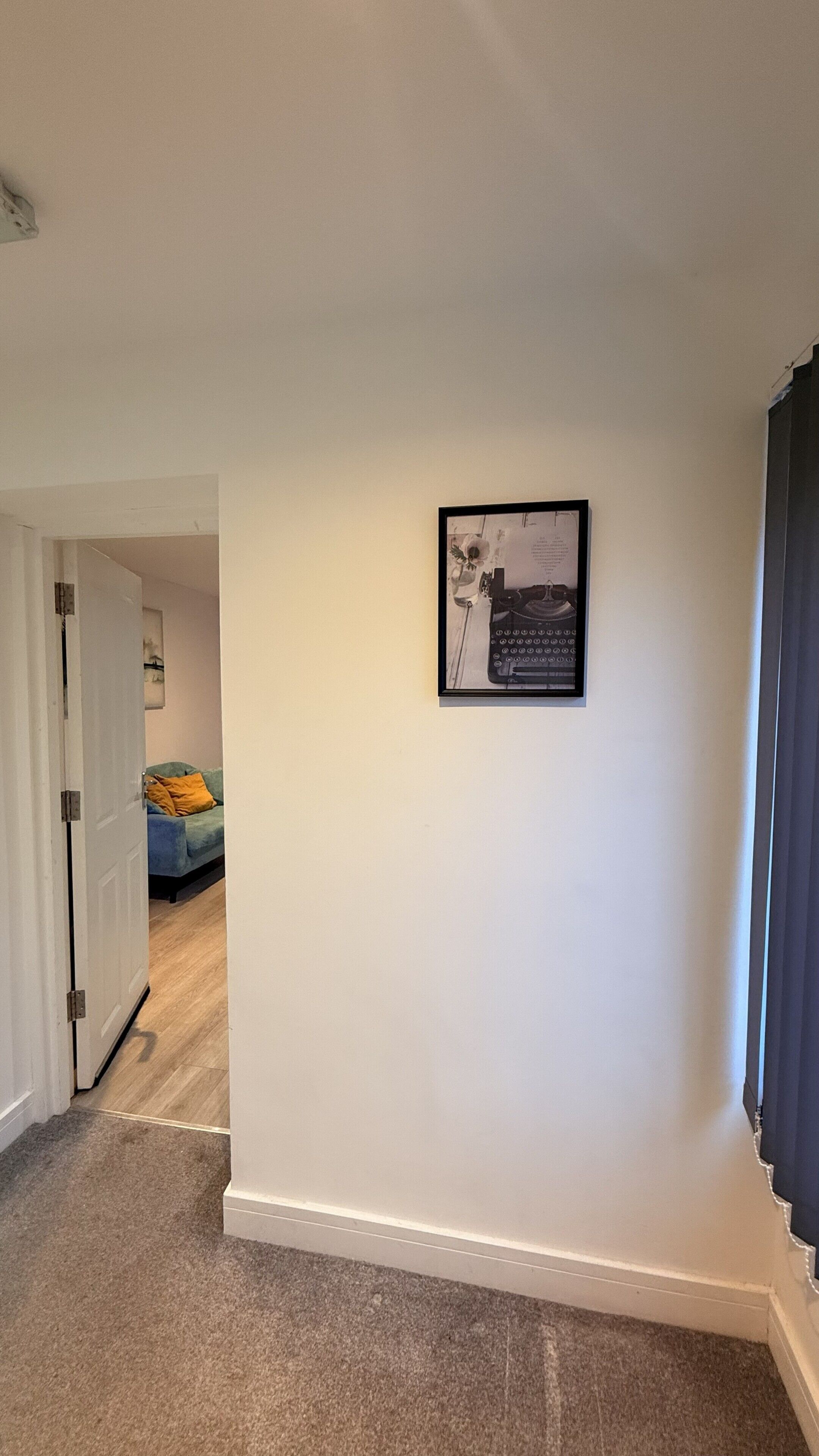 A hallway with a framed picture on the wall, a door leading to another room, and a carpeted floor.