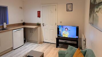 Una sala de estar moderna con un sofá verde, una mesa de centro y un televisor que muestra un programa. Se ve un área de cocina al fondo, con un refrigerador y un lavabo.