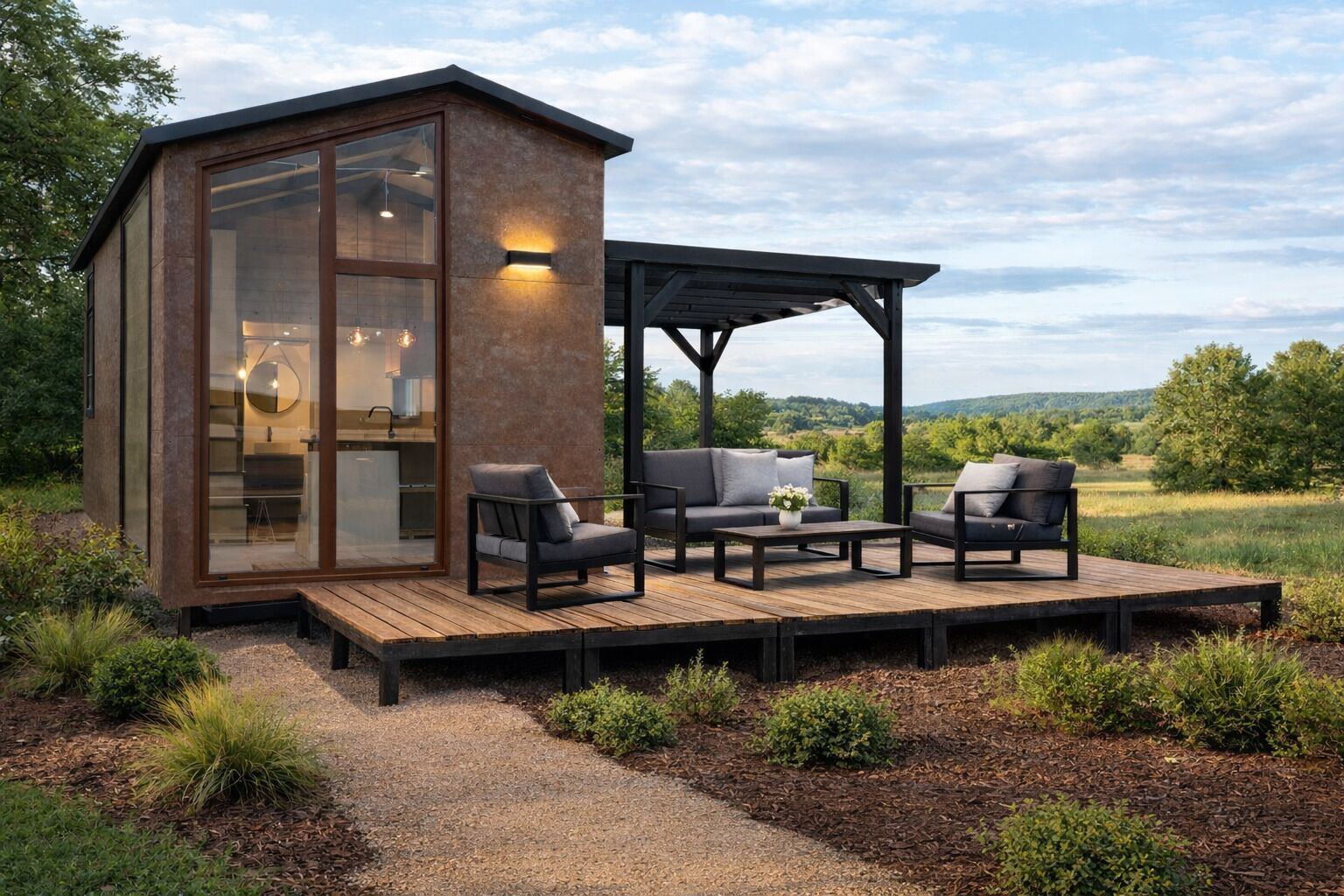 Tiny home with outdoor seating
