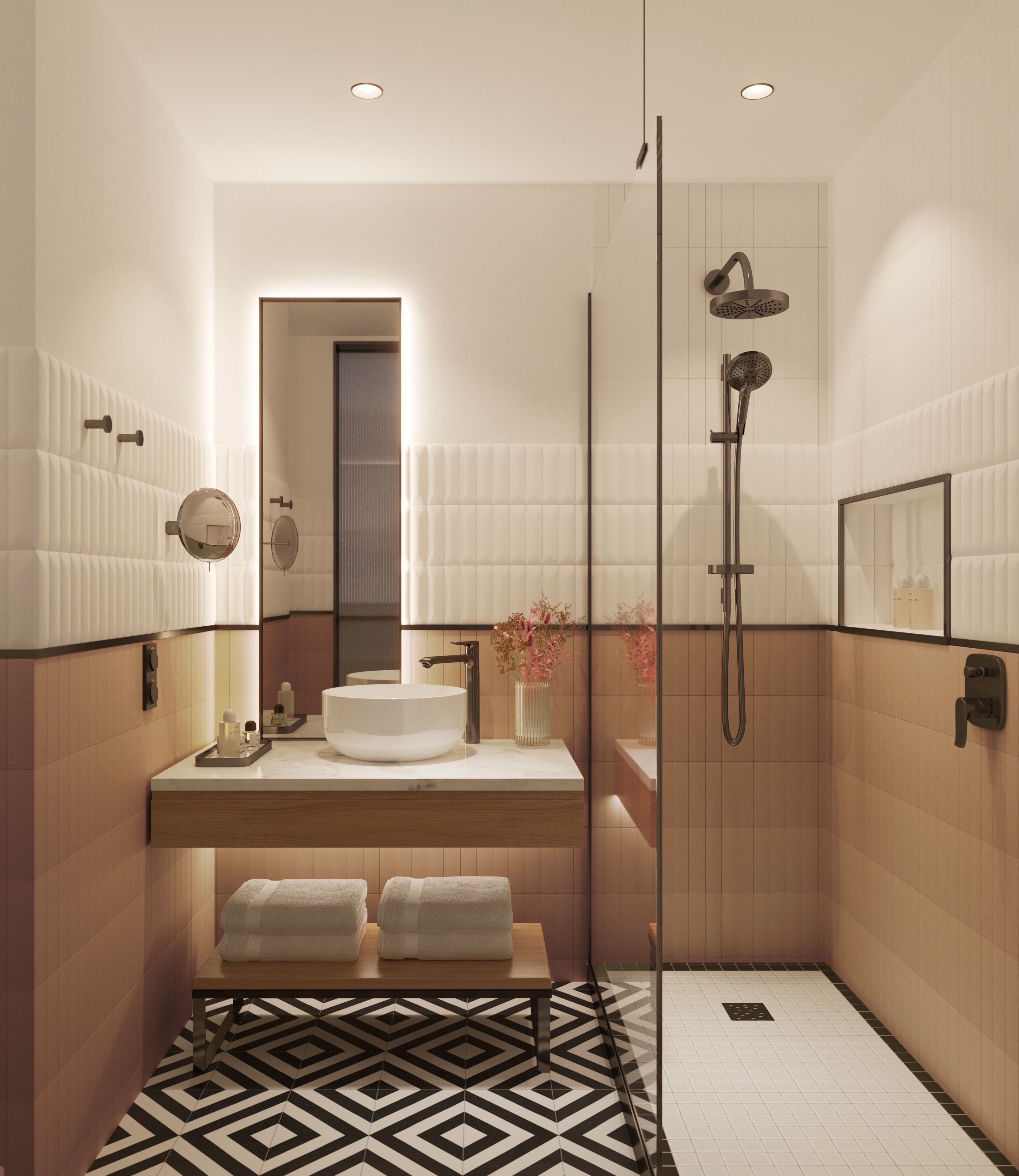 Designer toiletartikelen, een haardroger, badjassen, handdoeken