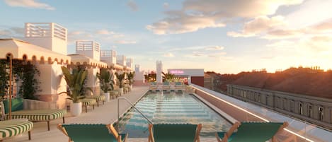 Piscina externa sazonal, guarda-sóis, espreguiçadeiras