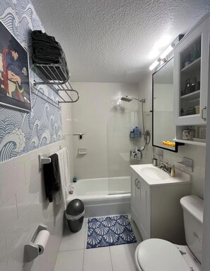 Sèche-cheveux, serviettes fournies, savon, papier toilette