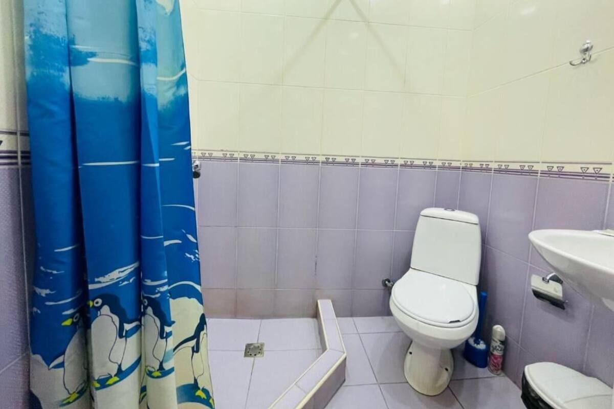 Ein Badezimmer mit Toilette, Waschbecken und einer blauen Duschvorhang.'