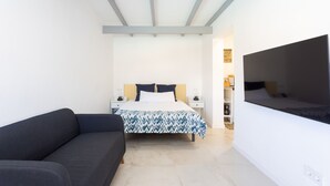 Ein modernes Schlafzimmer mit einem Bett, einer Couch und einem Fernseher.
