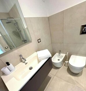 Un bagno moderno con un lavandino ampio, un bidet e un water.