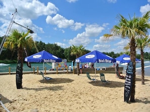 Une plage avec des parasols bleus, des palmiers et un ciel dégagé.