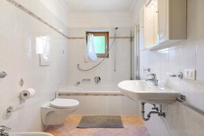 Shower, hair dryer, towels - Grafaierhof Apartment "Sonnenuntergang" with Mountain View (Kastelruth)