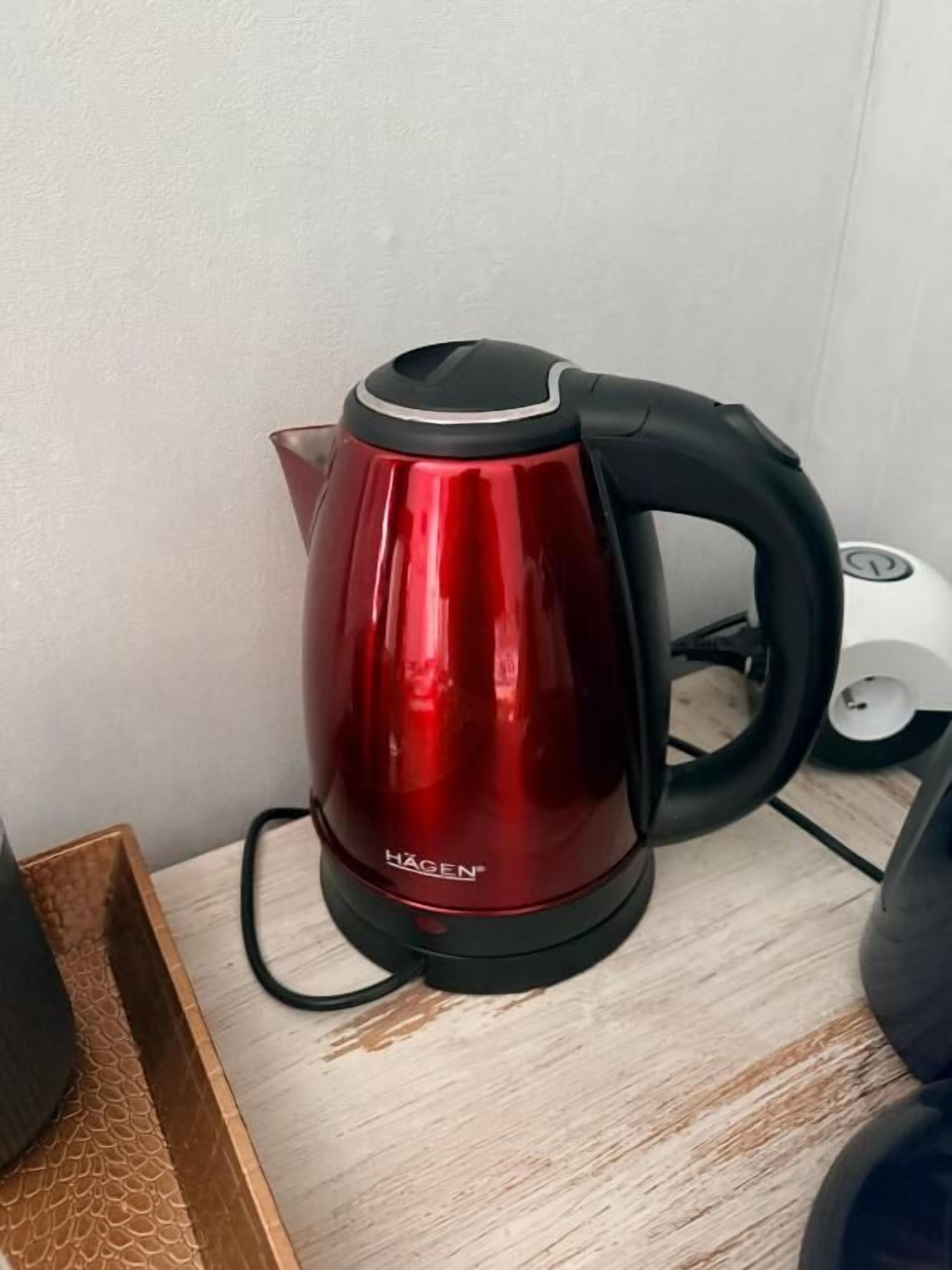Una tetera eléctrica roja HAGEN sobre una superficie de madera, con un enchufe de corriente al fondo.