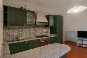 Une cuisine avec des meubles de couleur verte, une cuisinière à gaz, un évier et un plan de travail en marbre.