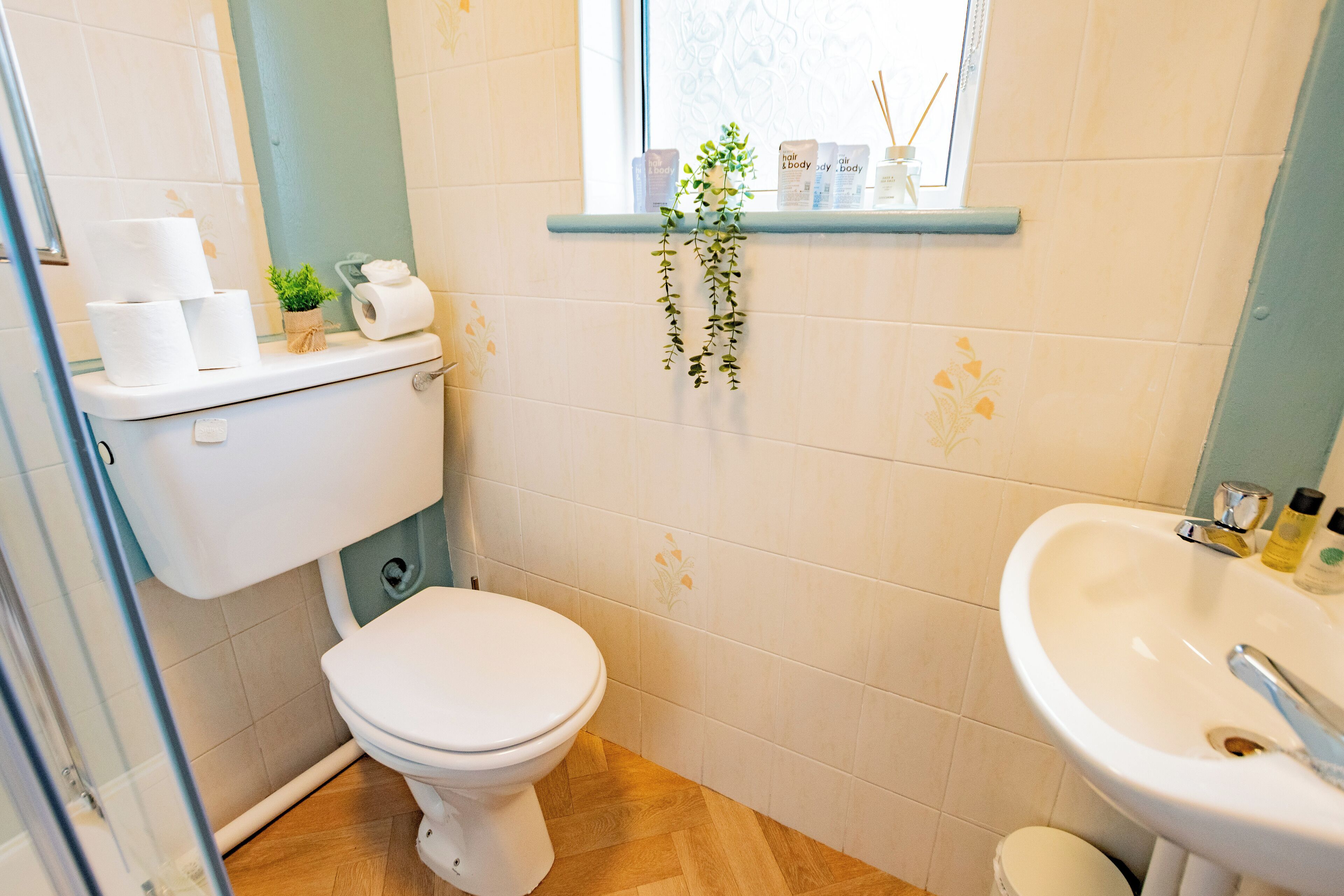 A bathroom with a toilet, sink, and a window with a plant.