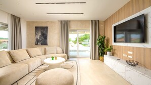 A modern living room with a sofa, coffee table, TV, and a plant. - Villa Corsa by Villas Guide (Barban)