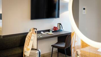 In-room safe, desk, laptop workspace, blackout curtains