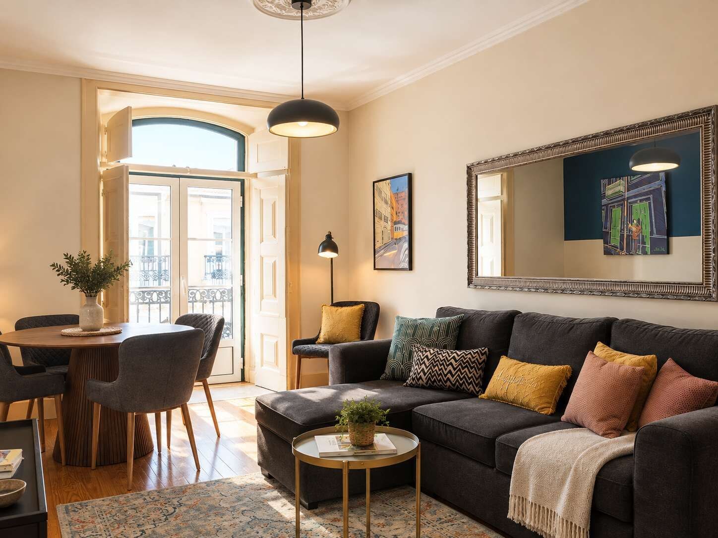 A living room with a sofa, armchairs, a coffee table, and a dining area with chairs and a table.