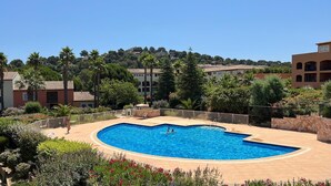 Una piscina de diseño curvo, rodeada por una cerca y abundante vegetación.