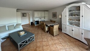 Amplia sala de estar con sofá, una mesa de comedor con sillas, una cocina al fondo y un mueble con estantes.