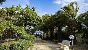 Un jardin agrémenté d’un kiosque, de palmiers et d’un banc.